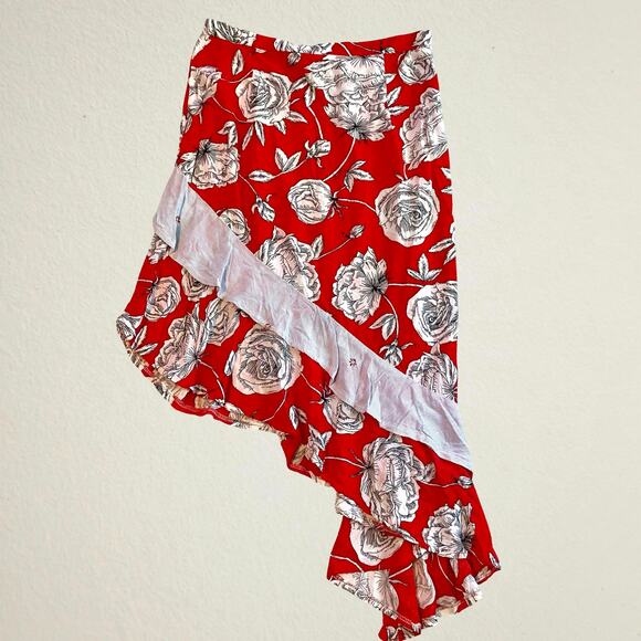 Red floral asymmetrical hem tiered ruffled midi skirt Y2K fairycore bohemian - Picture 1 of 6
